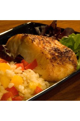A large sampler of Whitefish, specifically Black Cod, Halibut and Rockfish presented on a dinner plate