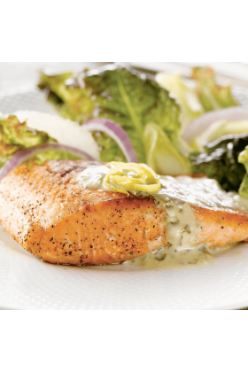 Three types of salmon (King, Silver, Sockeye) displayed in a sampler pack.